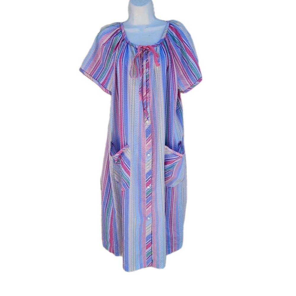 Vtg Smart Time Striped House Dress Mumu Med Multi Colored Grannycore Cottagecore